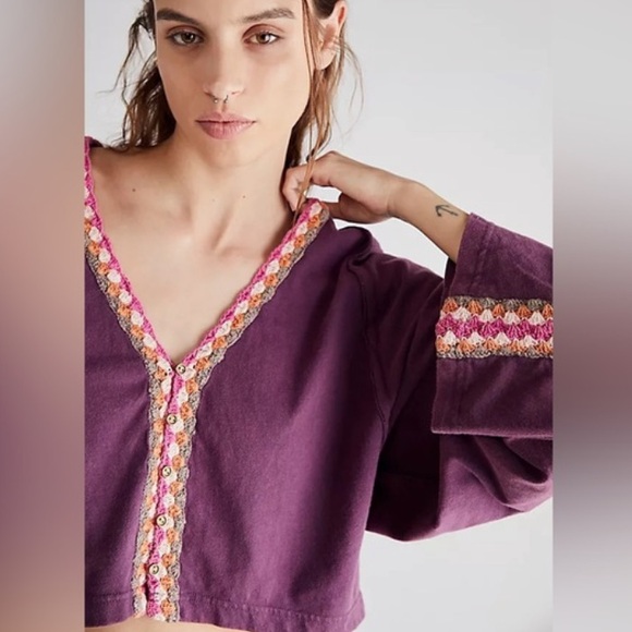 Free People We the Free Crochet Trimmed Oversize Tee Top W-909 Sz M - Picture 3 of 12